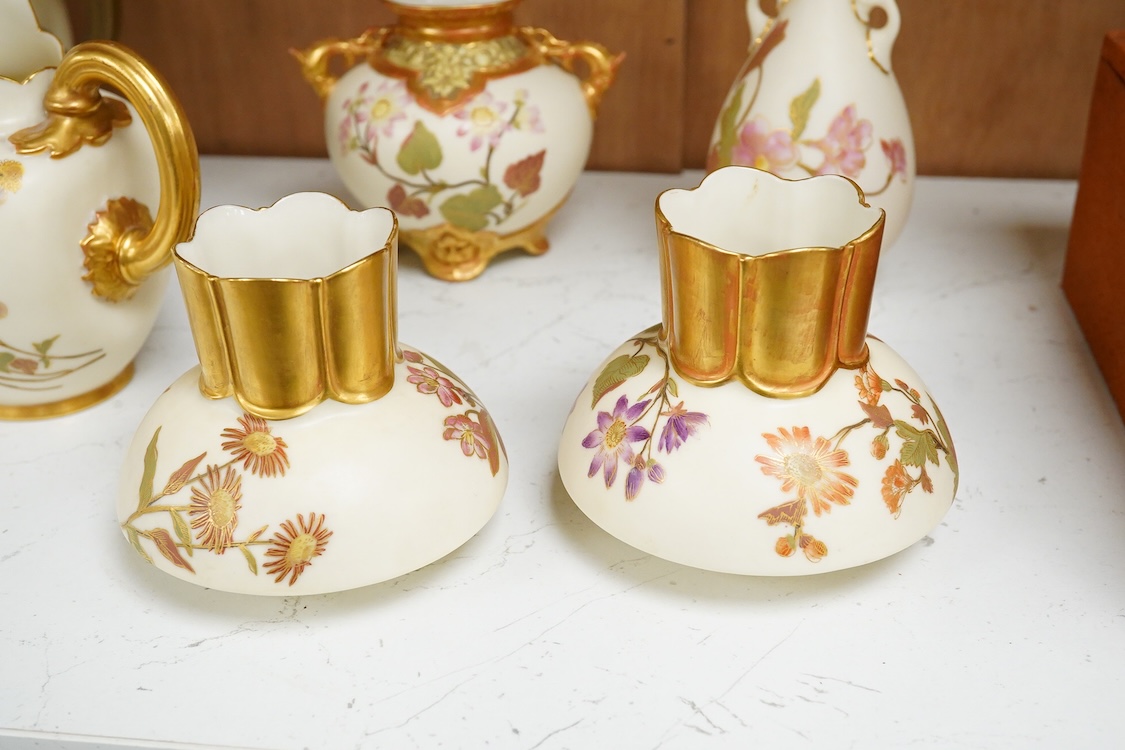 Three Royal Worcester blush ivory jugs, shape 1094, a pair of similar vases and two other Royal Worcester items, the jugs 14cm (7)
